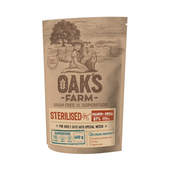 Oak's Farm Grain Free Adult Σολομός με Κριλ για Στειρωμένες Γάτες 400gr-6kg