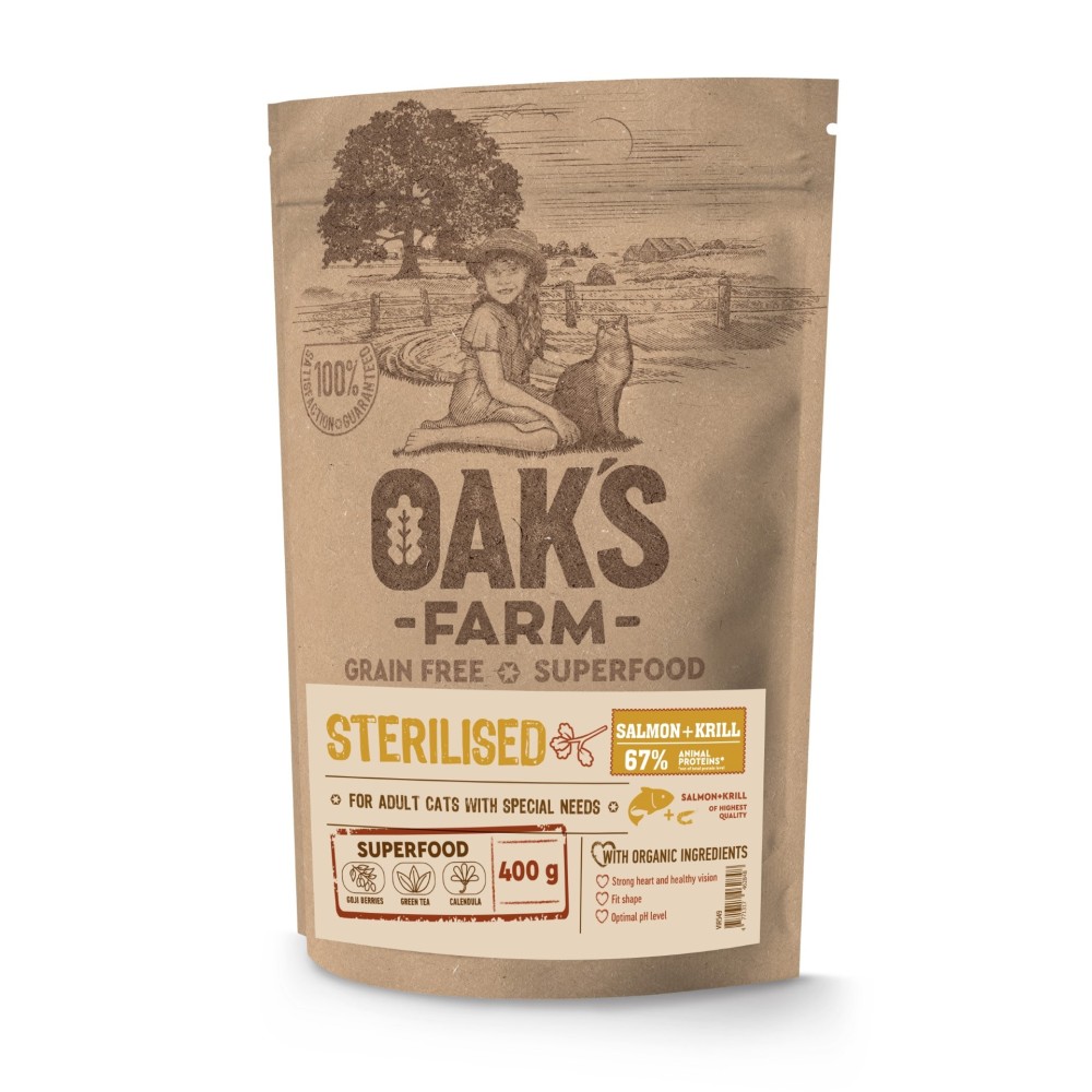 Oak's Farm Grain Free Adult Σολομός με Κριλ για Στειρωμένες Γάτες 400gr-6kg