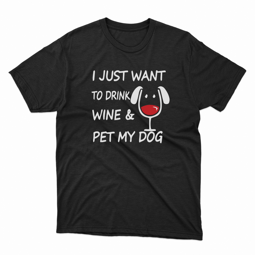 Unisex Οργανικό Μαύρο T-shirt I Just Want to Drink Wine and Pet My Dog